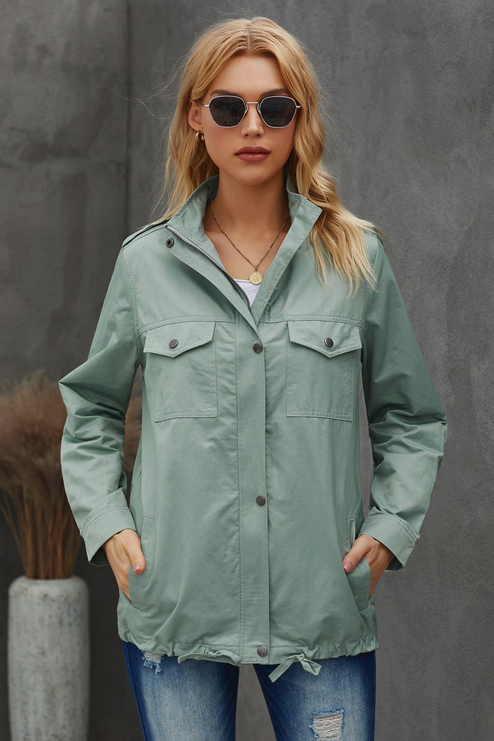 Women's Solid Color Long Sleeve Pocket Adjustable Hem Full-Zip Coat Sai Feel