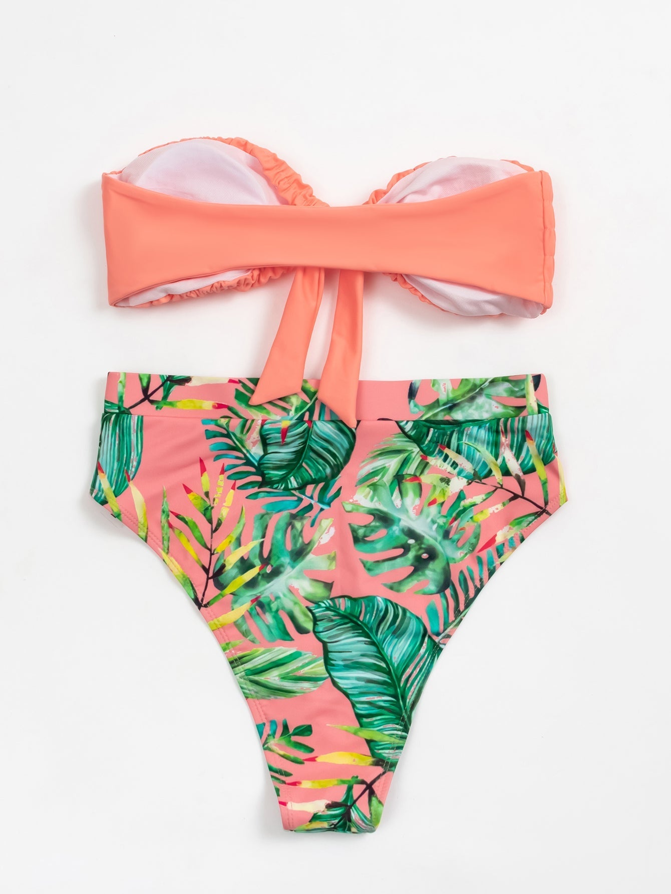 Women's Strapless Ribbed Tie Back Ruffle Cutout Bandeau Bikini Set Padded Swimsuit Sai Feel