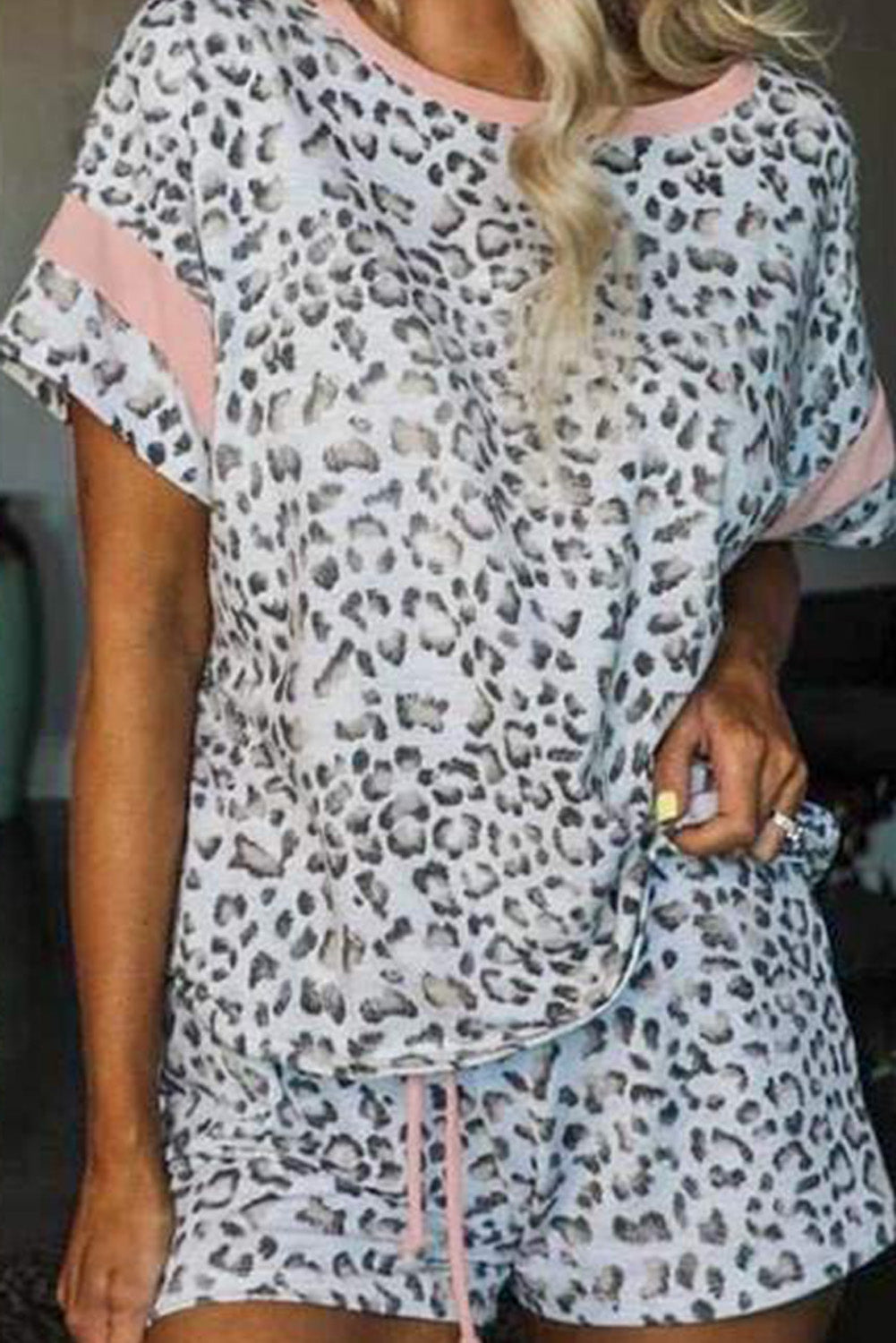 Women's Summer 2 Piece Pj Set Leopard Print Drawstring Sleepwear Crewneck Short Sleeve Loungewear Sai Feel