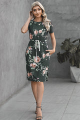 Women's Summer Casual House Dress Print Drawstring Split Midi Dress Crew Neck Plain Dress Sai Feel