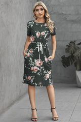 Women's Summer Casual House Dress Print Drawstring Split Midi Dress Crew Neck Plain Dress Sai Feel