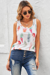 Women's Summer Casual Tank Tops Fashion Feather Print Shirt Crew Neck Blouse Sai Feel