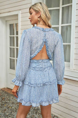 Women's Summer Fashion Mini Dress Flared Sleeve V Neck Short Backless Dress Floral Print Ruffled Hem Swing Dress Sai Feel