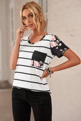 Women's Summer Fashion Striped Print Blouse Short Sleeve Crew Neck Tee Top Casual Loose Shirt Patch Floral Pocket. Sai Feel