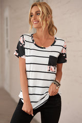 Women's Summer Fashion Striped Print Blouse Short Sleeve Crew Neck Tee Top Casual Loose Shirt Patch Floral Pocket. Sai Feel