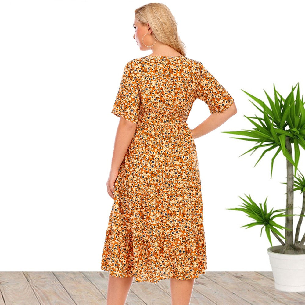 Women's Summer Round Neck Short Sleeve Plus Size Floral Midi Dress Sai Feel