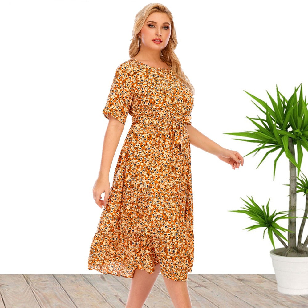 Women's Summer Round Neck Short Sleeve Plus Size Floral Midi Dress Sai Feel