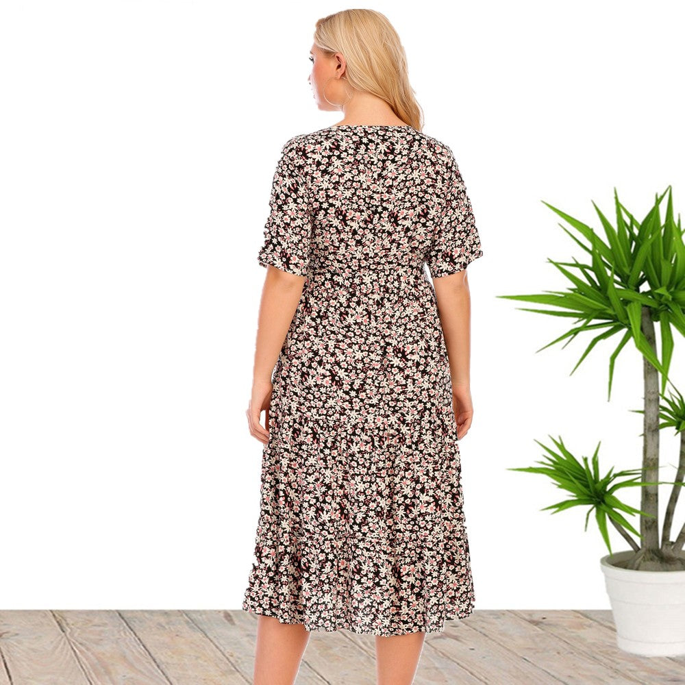 Women's Summer Round Neck Short Sleeve Plus Size Floral Midi Dress Sai Feel