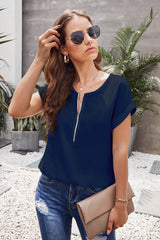 Women's Summer Short Sleeve T Shirt V Neck Half Zip Neckline Blouse Casual Solid Color Tops Sai Feel