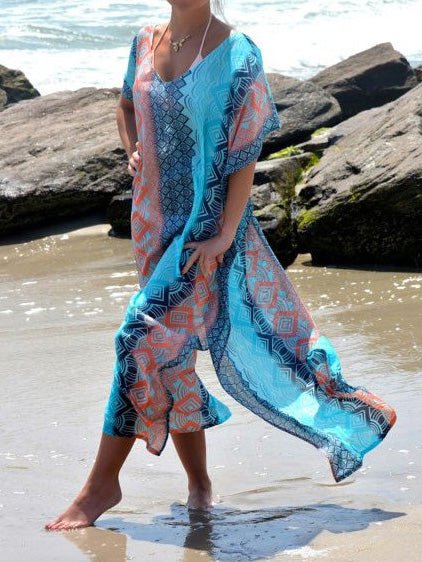 Women's Swimsuit Multicolor Printed Slit Sun Protection Robes Cover-Up Sai Feel