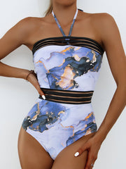 Women's Swimsuits Printed Halter Mesh Panel One Piece Swimsuit Sai Feel