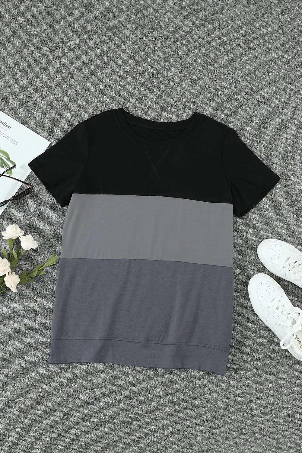 Women's Triple Color Block Crew Neck Side Split Tee shirt Sai Feel