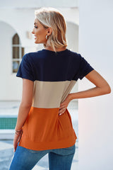 Women's Triple Color Block Crew Neck Side Split Tee shirt Sai Feel