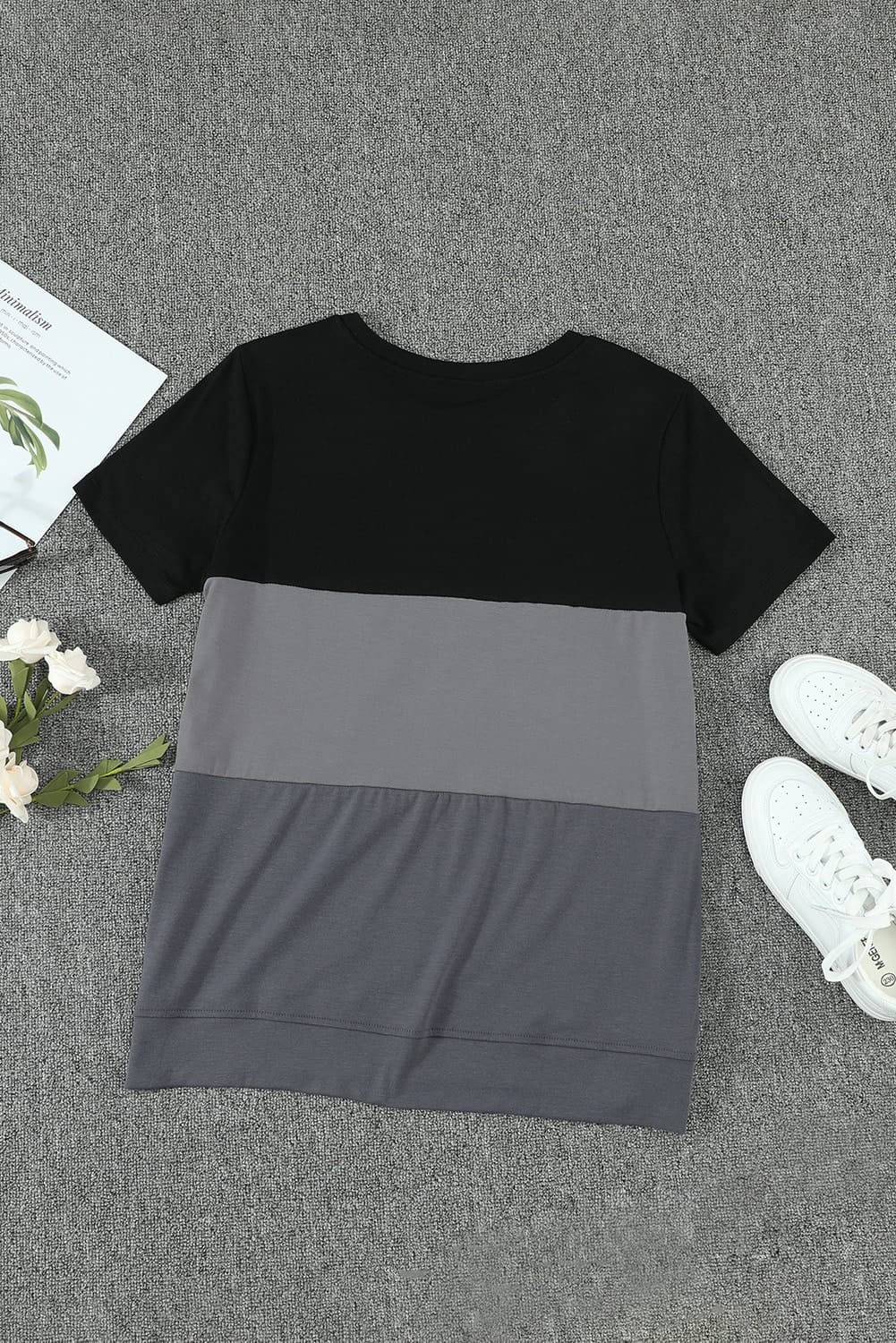 Women's Triple Color Block Crew Neck Side Split Tee shirt Sai Feel