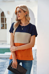 Women's Triple Color Block Crew Neck Side Split Tee shirt Sai Feel