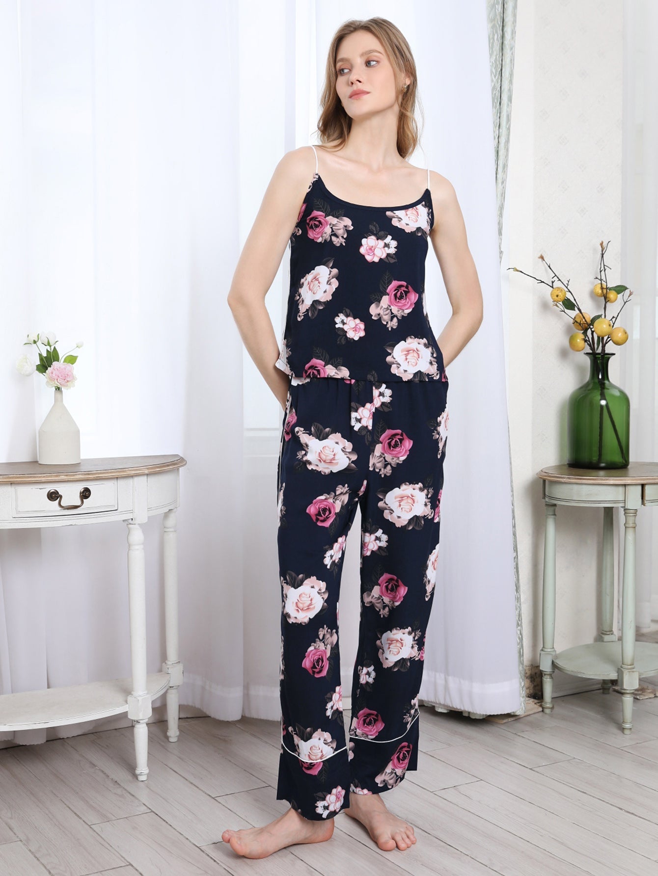 Women's Tropical Print Cami with Pants Sleepwear Two Piece Pajama Set Sai Feel