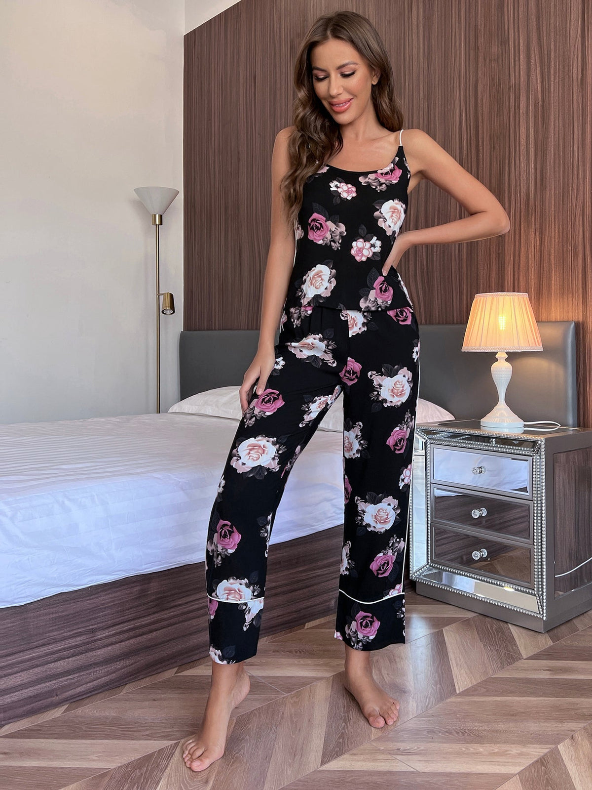 Women's Tropical Print Cami with Pants Sleepwear Two Piece Pajama Set Sai Feel