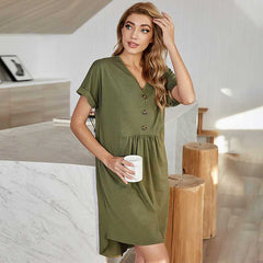 Women's V-neck A-line Dress Home Casual Mid-length Solid Color Dress Sai Feel
