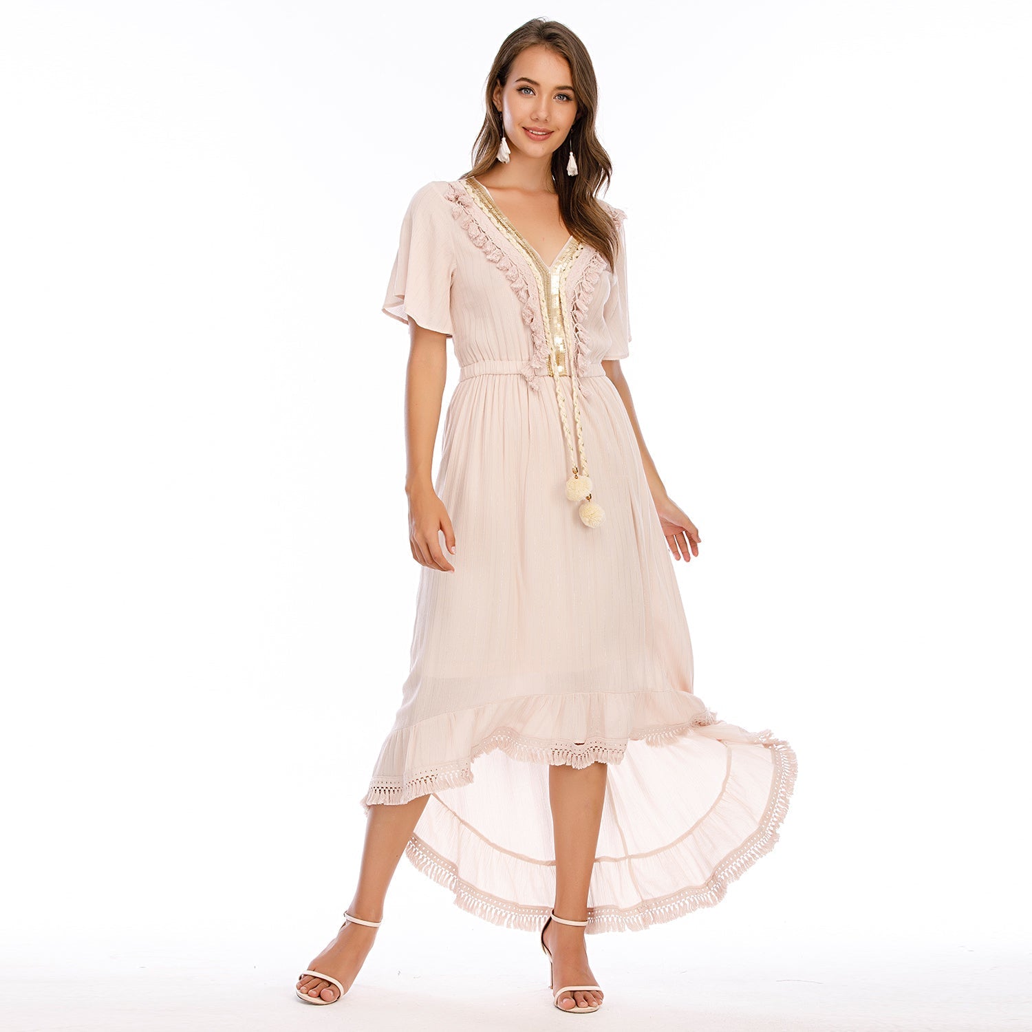 Women's V-neck Folding Lace Solid Color Ruffled Knee-length Skirt Chiffon Sweet Dress Sai Feel