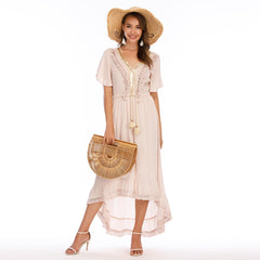 Women's V-neck Folding Lace Solid Color Ruffled Knee-length Skirt Chiffon Sweet Dress Sai Feel