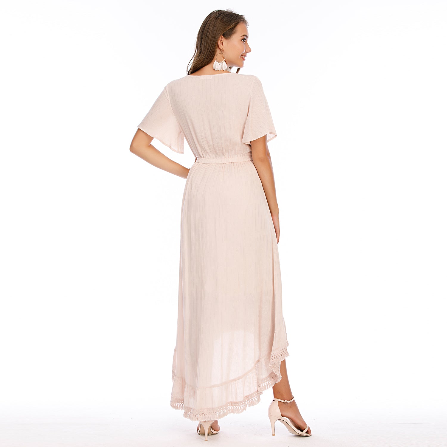 Women's V-neck Folding Lace Solid Color Ruffled Knee-length Skirt Chiffon Sweet Dress Sai Feel