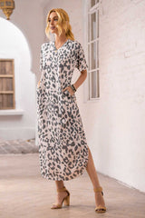 Women's V-neck Leopard Print Summer Patchwork Color Block Short Sleeve V-Neck Maxi Dress for Beach Party Cocktail Dress Sai Feel