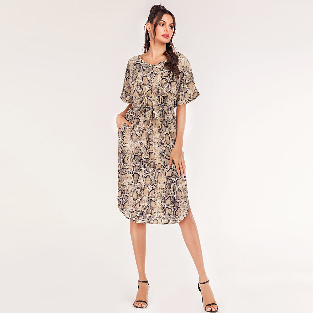Women's V-neck snakeskin casual print mid-length short-sleeved dress Sai Feel
