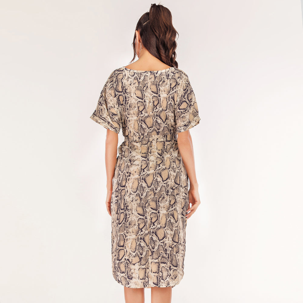 Women's V-neck snakeskin casual print mid-length short-sleeved dress Sai Feel