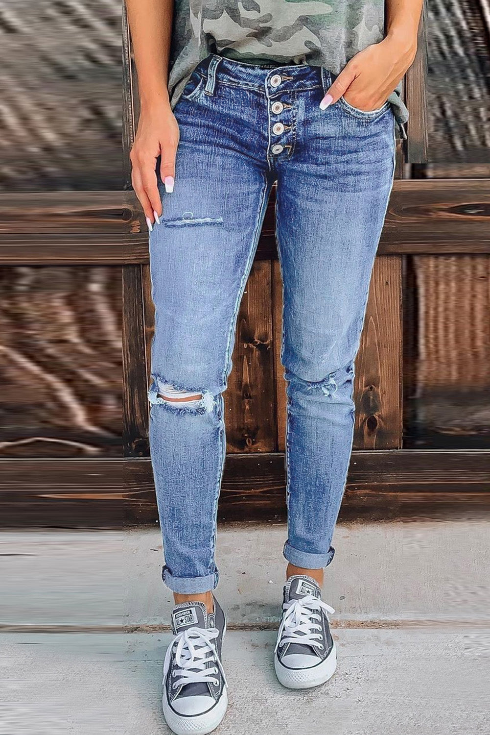 Women's Washed Distressed Jeans Hem Button Pocket Denim Pants Sai Feel
