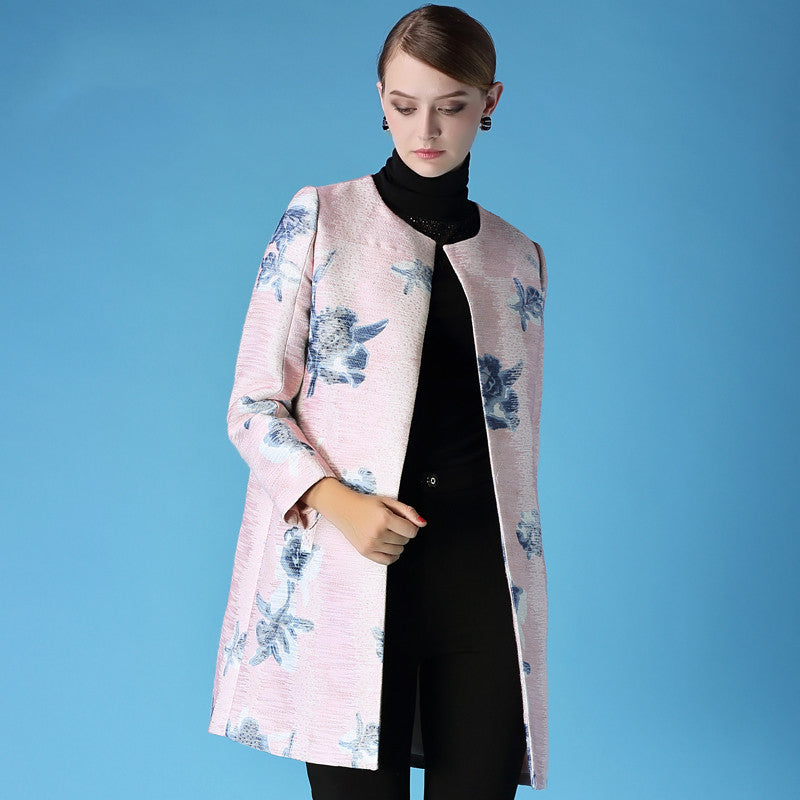 Women's Windbreaker Round Neck Printing Slim Long Sleeve Coat Sai Feel