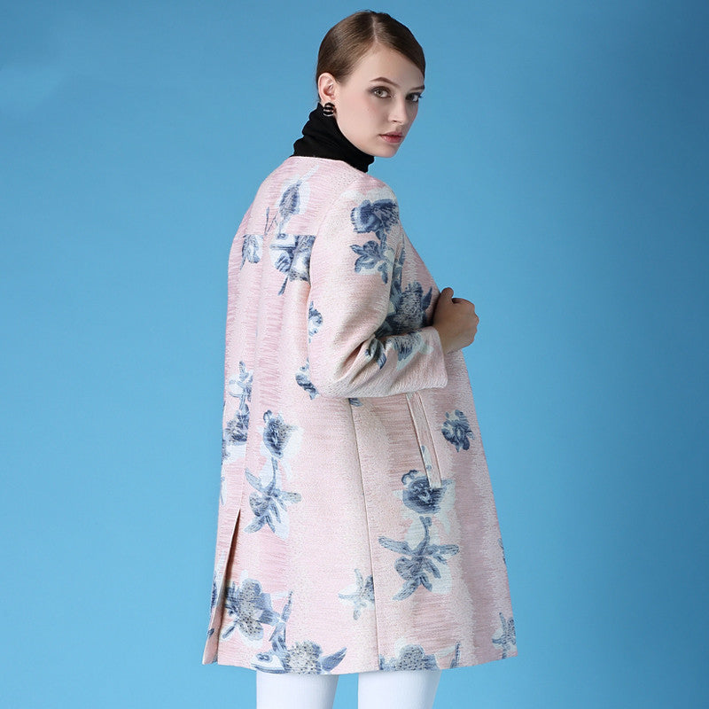Women's Windbreaker Round Neck Printing Slim Long Sleeve Coat Sai Feel