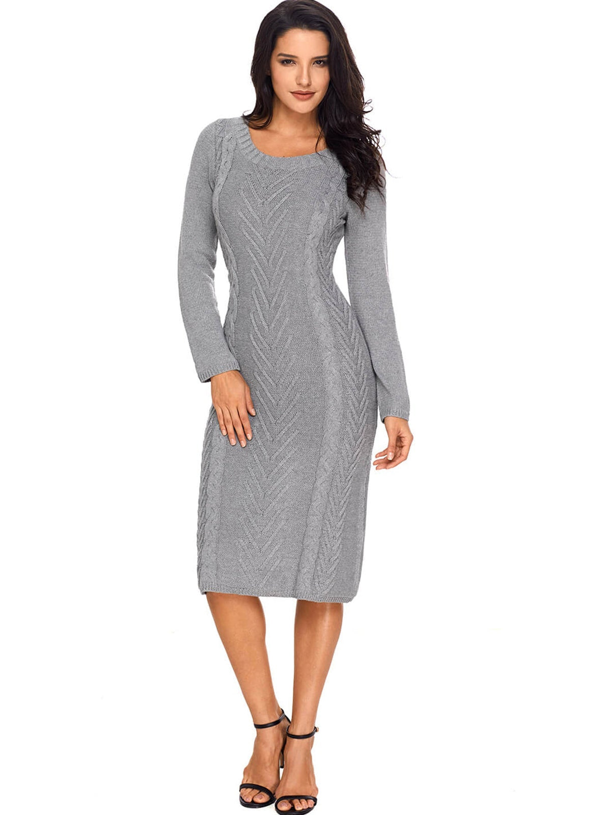 Women's Winter Casual Long Sleeve Solid Color Bodycon Warm Crewneck Knitted Sweater Dress Sai Feel