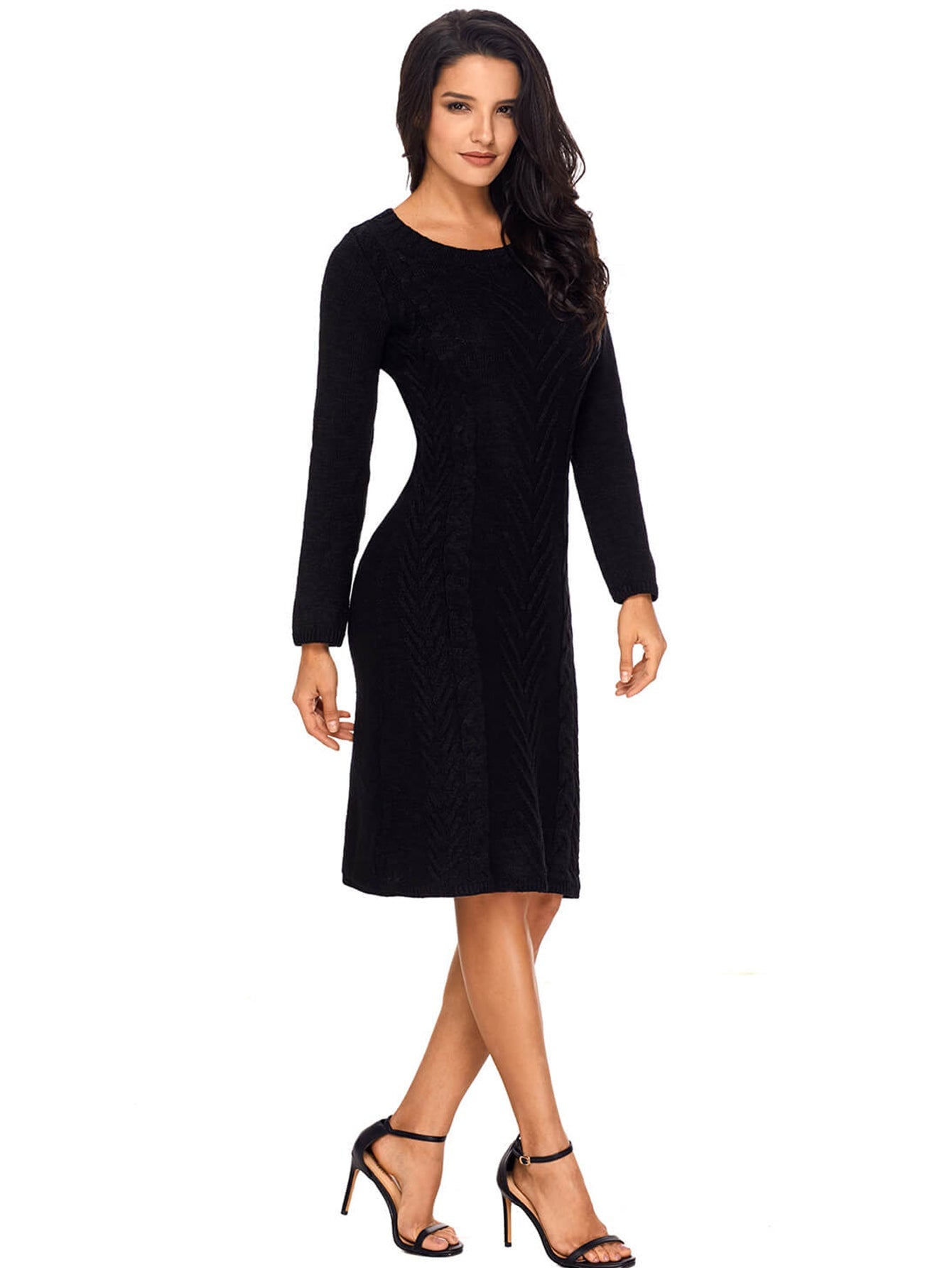 Women's Winter Casual Long Sleeve Solid Color Bodycon Warm Crewneck Knitted Sweater Dress Sai Feel