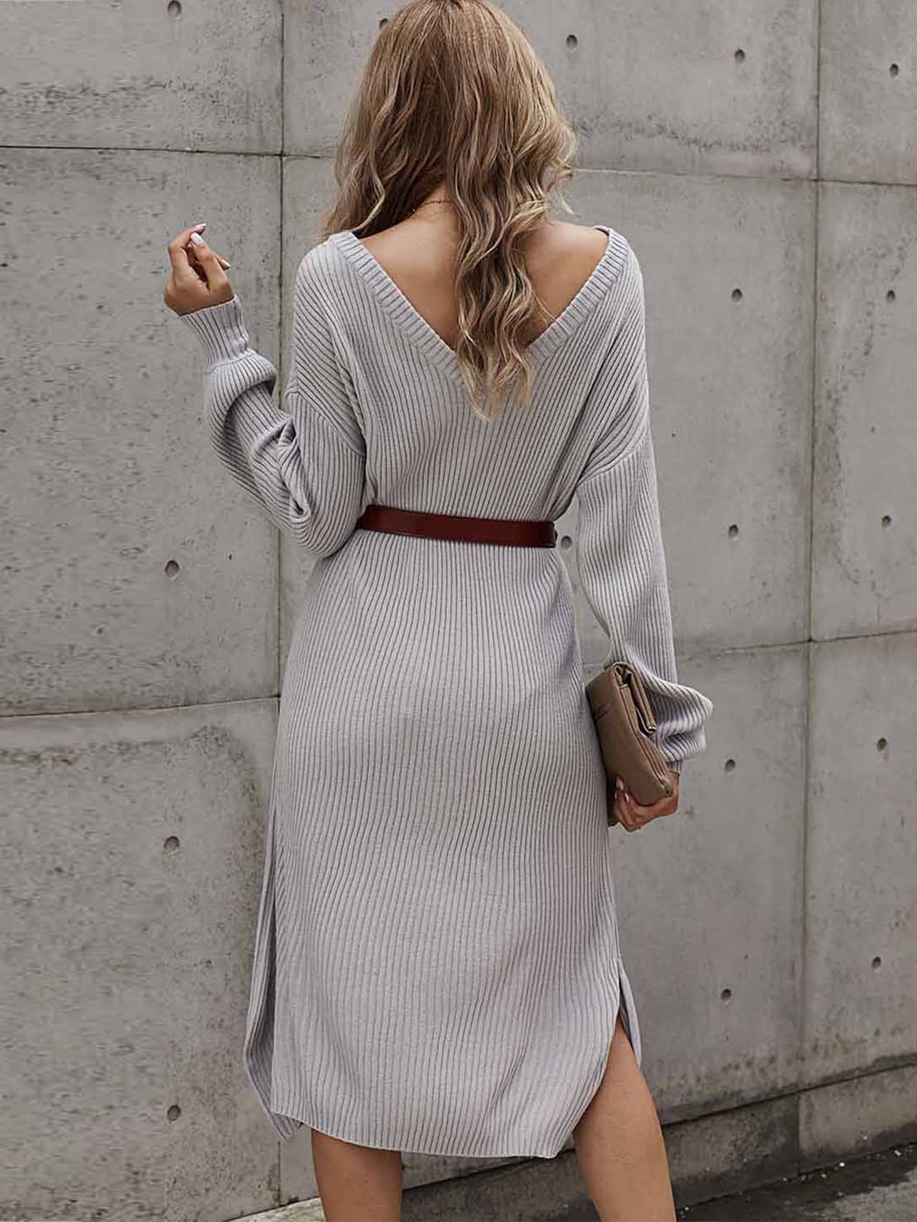 Women's Winter Solid Color Casual Loose Long Sleeve Solid Color Backless Side Split Midi Dress Ribbed Knit Sweaters Sai Feel