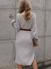 Women's Winter Solid Color Casual Loose Long Sleeve Solid Color Backless Side Split Midi Dress Ribbed Knit Sweaters Sai Feel