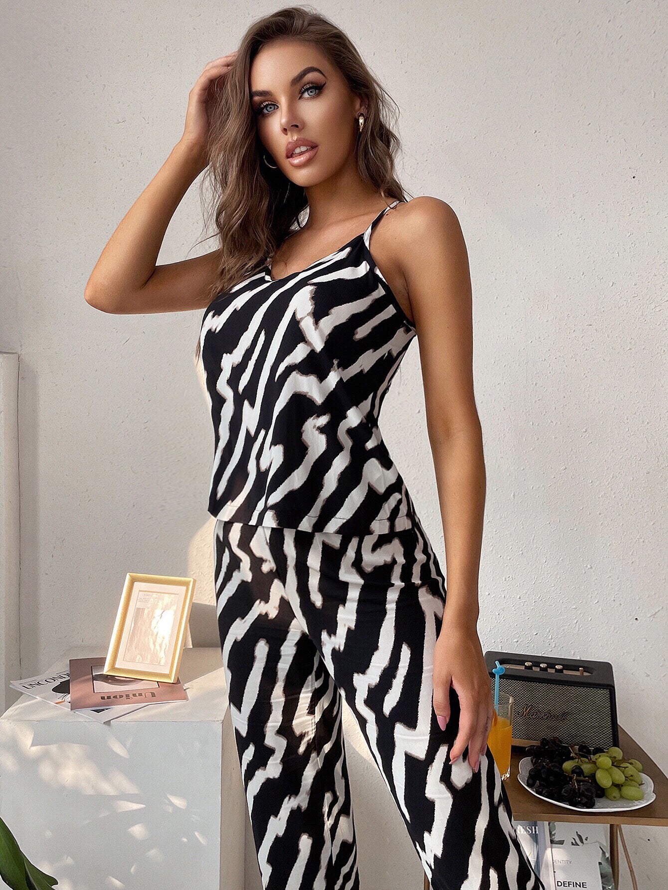 Women's Zebra Print Cami with Pants Sleepwear Two Piece Pajama Set Sai Feel