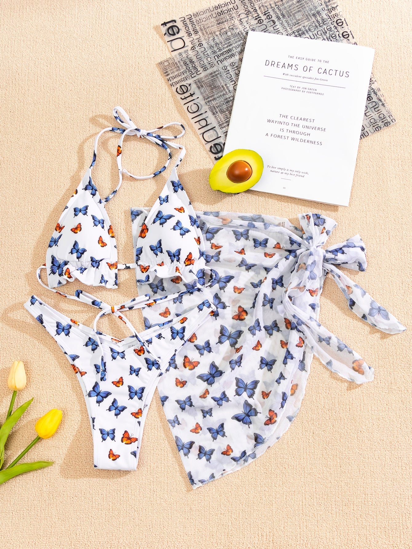 Women's butterfly Bikini Set 3 Pieces Set Swimsuits with Beach Skirt Cover Up Padded Swimwear, bathwear Sai Feel