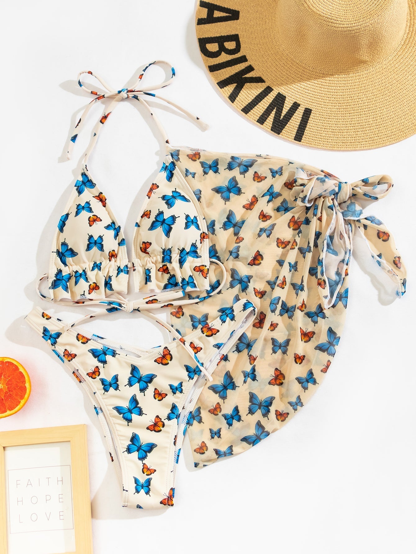 Women's butterfly Bikini Set 3 Pieces Set Swimsuits with Beach Skirt Cover Up Padded Swimwear, bathwear Sai Feel