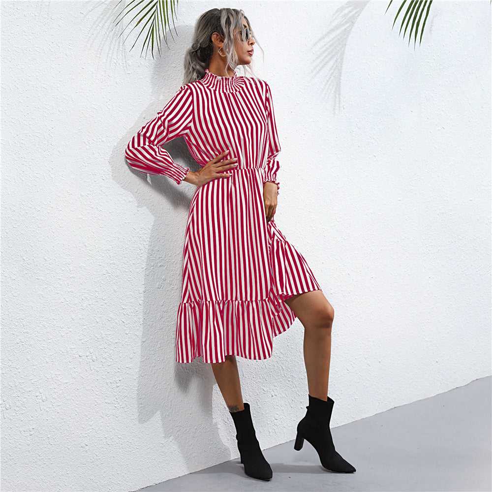 Women's fashion high neck tight waist slim striped long sleeve dress Sai Feel