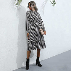 Women's fashion high neck tight waist slim striped long sleeve dress Sai Feel