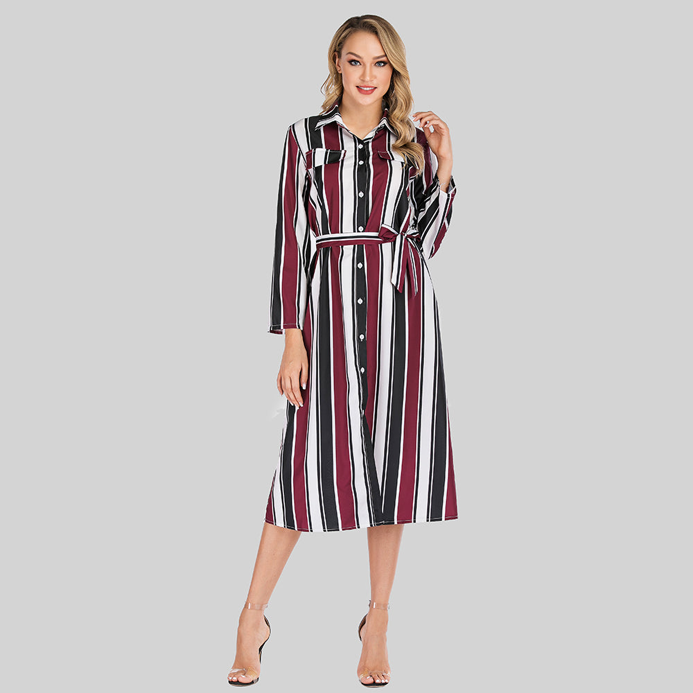 Women's fashion lapel single-breasted striped spliced long-sleeved dress Sai Feel