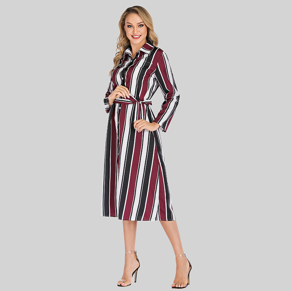 Women's fashion lapel single-breasted striped spliced long-sleeved dress Sai Feel