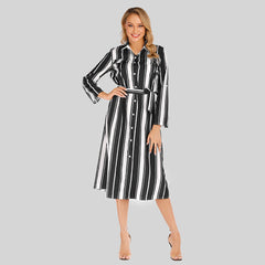 Women's fashion lapel single-breasted striped spliced long-sleeved dress Sai Feel