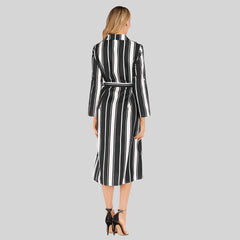 Women's fashion lapel single-breasted striped spliced long-sleeved dress Sai Feel