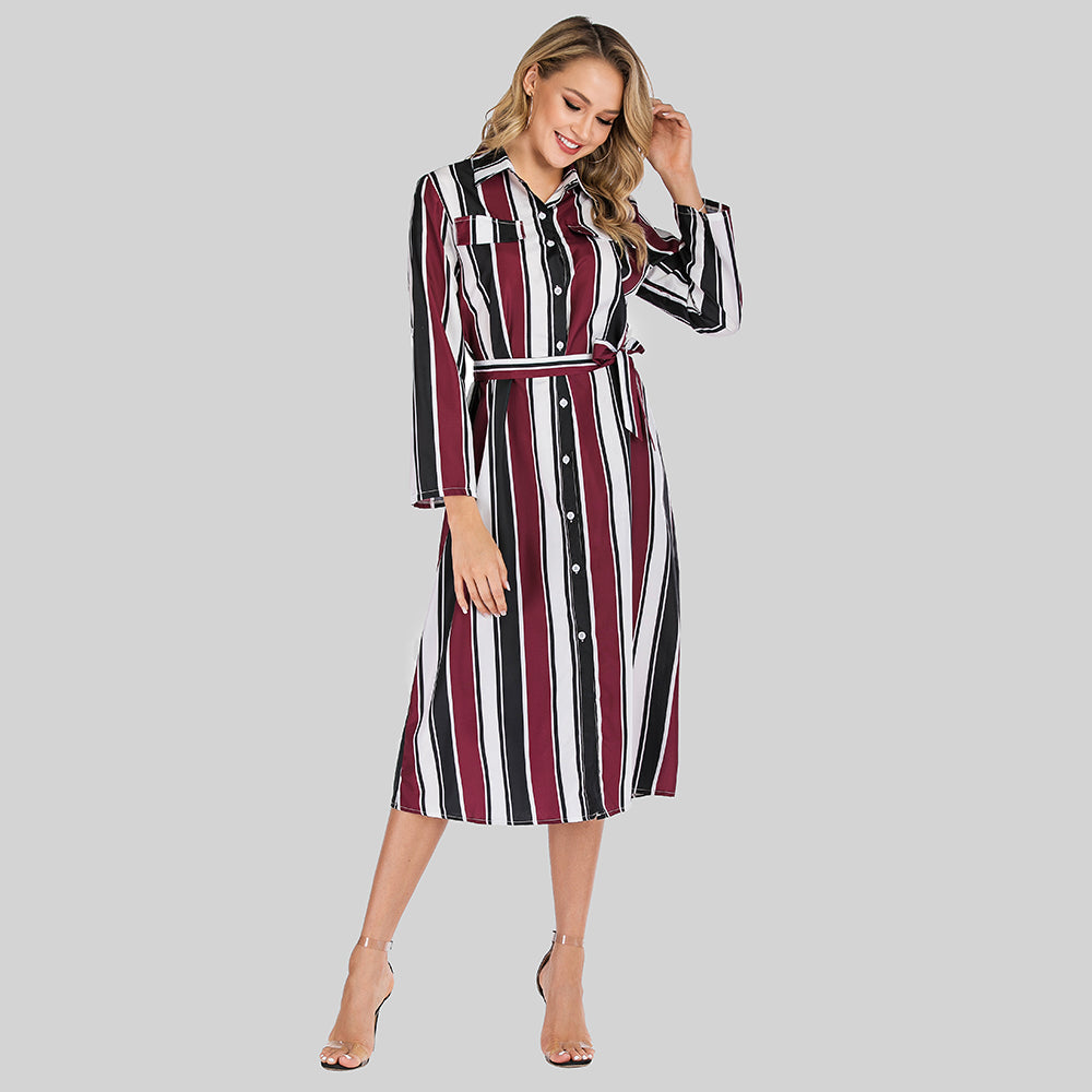 Women's fashion lapel single-breasted striped spliced long-sleeved dress Sai Feel