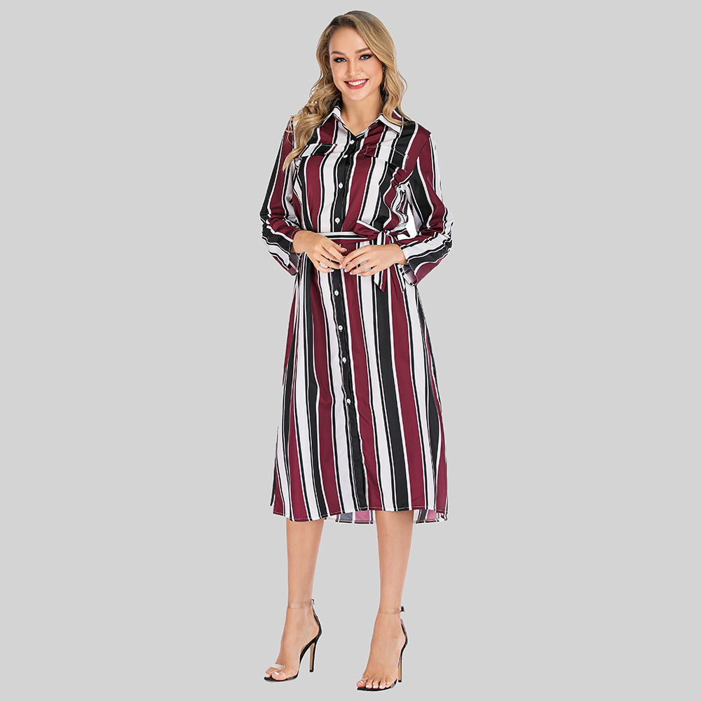 Women's fashion lapel single-breasted striped spliced long-sleeved dress Sai Feel