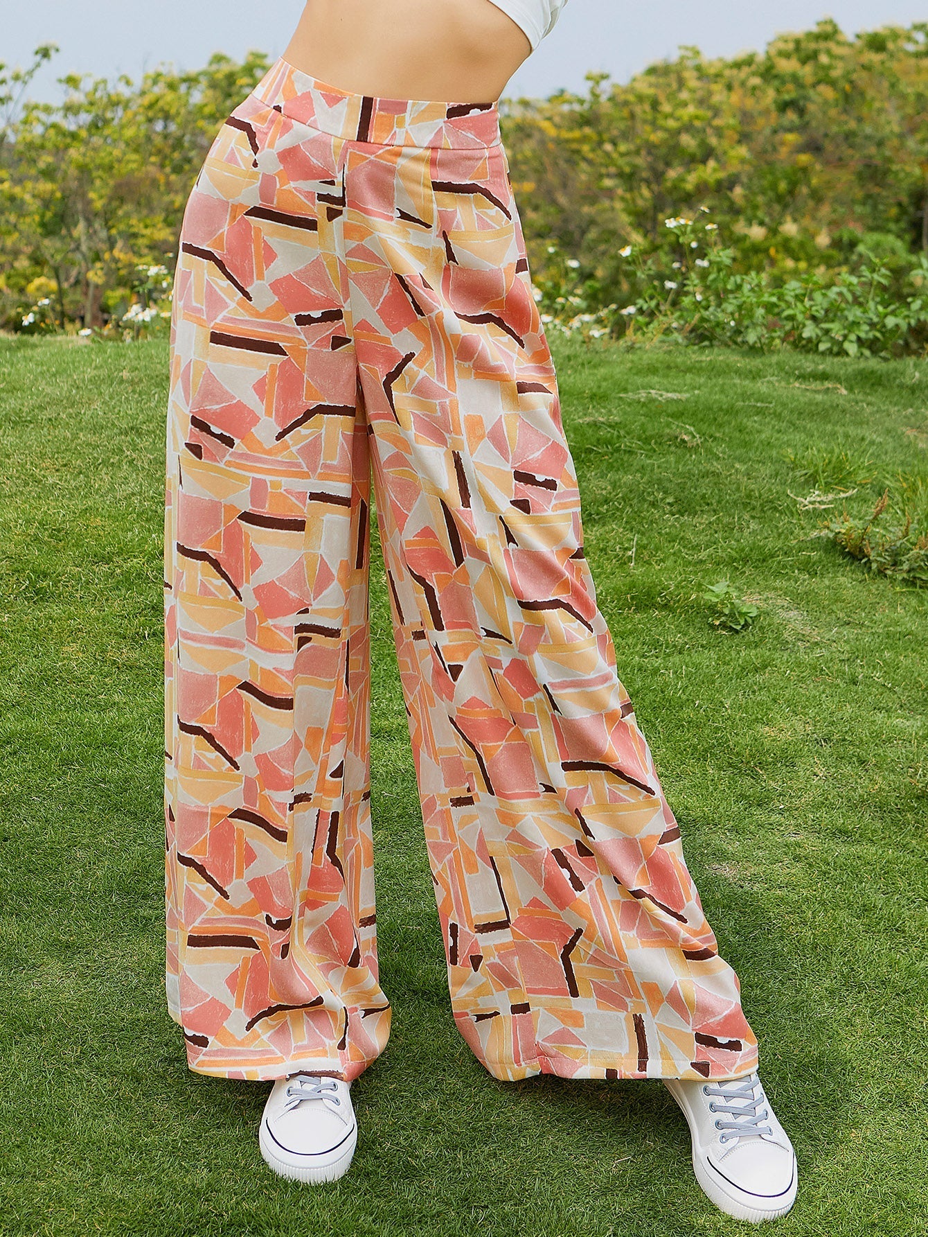 Women's independent stand temperament women's printing color color temperament pattern wide leg trousers Sai Feel