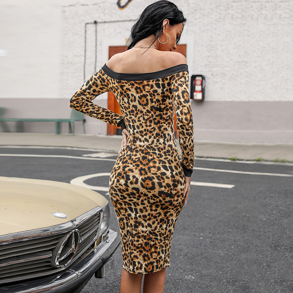 Women's long-sleeved off shoulder slim leopard print zip split dress skirt Sai Feel