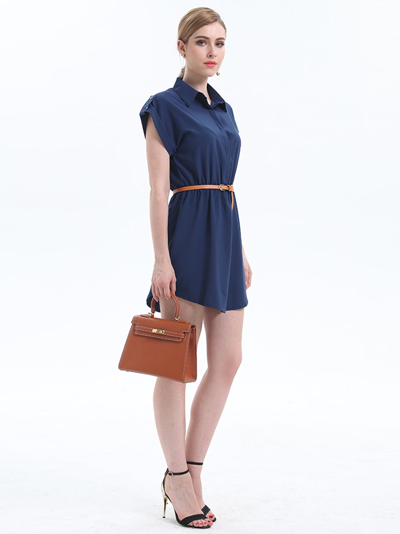 Women's loose lapel pure color waist temperament short sleeve dress Sai Feel