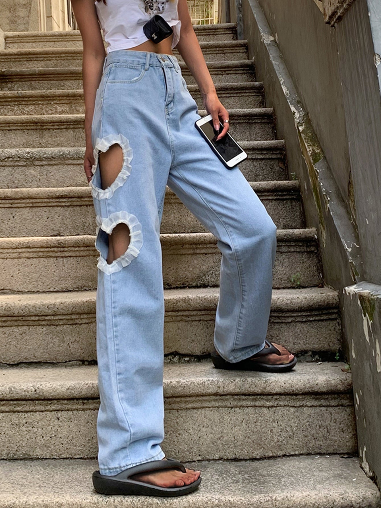 Women's love ripped jeans high waist show thin straight leg pants Sai Feel